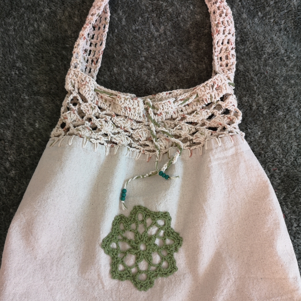 Hand made fabric and crochet multi purpose cotton bag